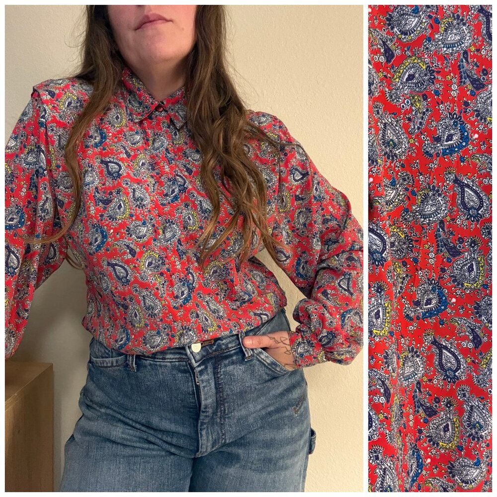 PRICE FIRM Vintage Notations Red Paisley Button Down Secretary Blouse M/L